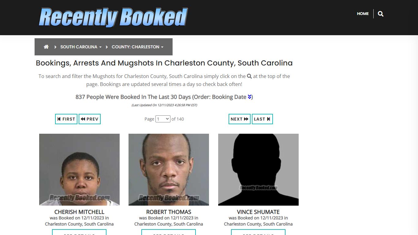 Bookings, Arrests and Mugshots in Charleston County, South Carolina